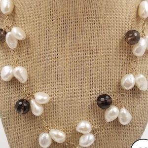 Unique 10k Yellow Gold, Baroque Pearls & Smokey Quartz Necklace
